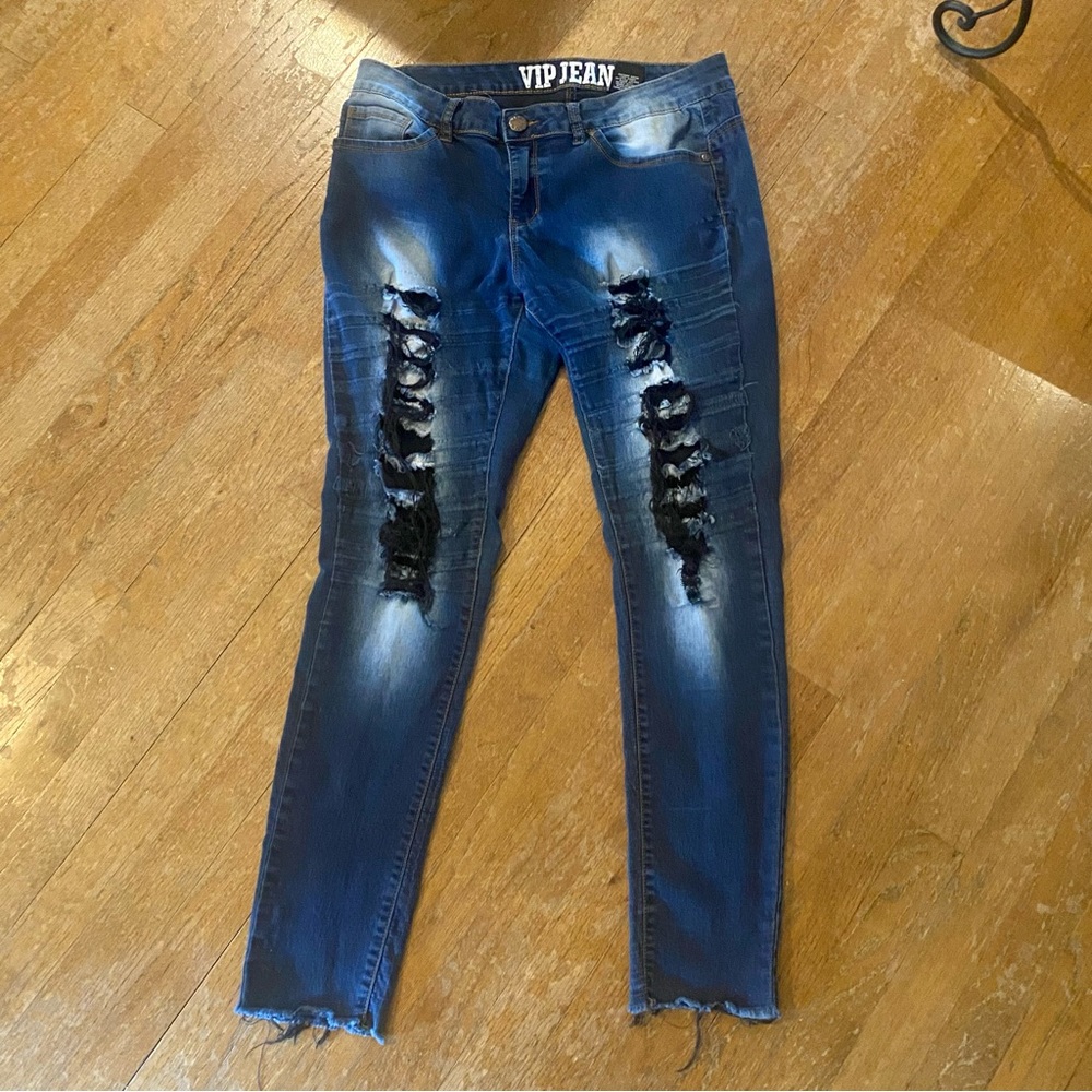 VIP black thread ripped and destructed skinny jeans